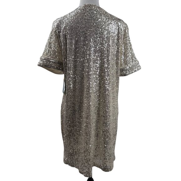 CeCe Champagne Sequin V-Neck Midi Short Sleeve Dress L - Picture 6 of 8